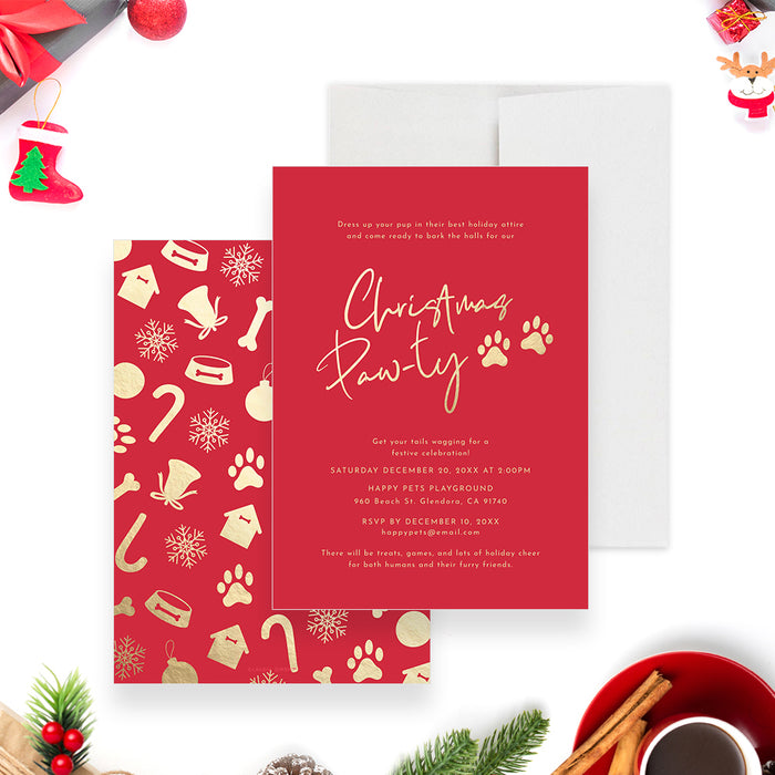 Christmas Pawty Invitation Card in Red and Gold, Pet Christmas Party Invitations, Family Xmas Invites with Furry Friends