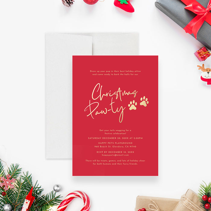 Christmas Pawty Invitation Card in Red and Gold, Pet Christmas Party Invitations, Family Xmas Invites with Furry Friends