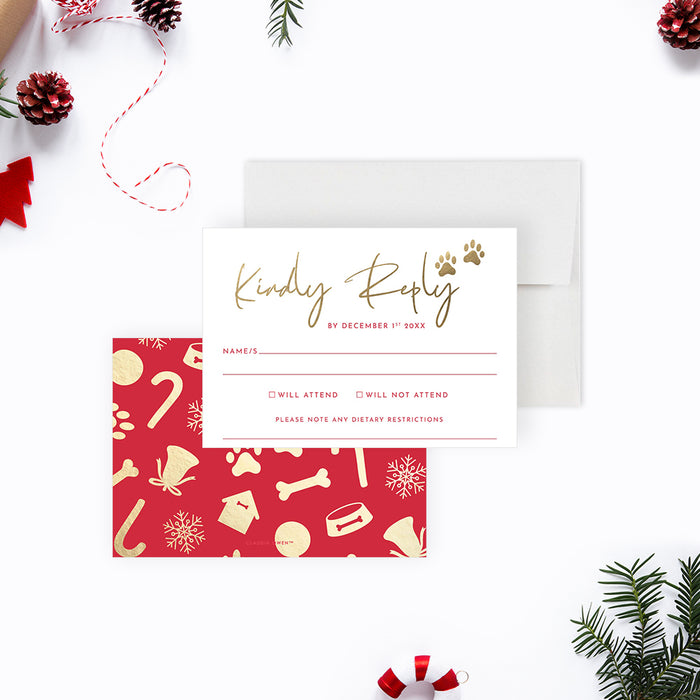 Christmas Pawty Invitation Card in Red and Gold, Pet Christmas Party Invitations, Family Xmas Invites with Furry Friends