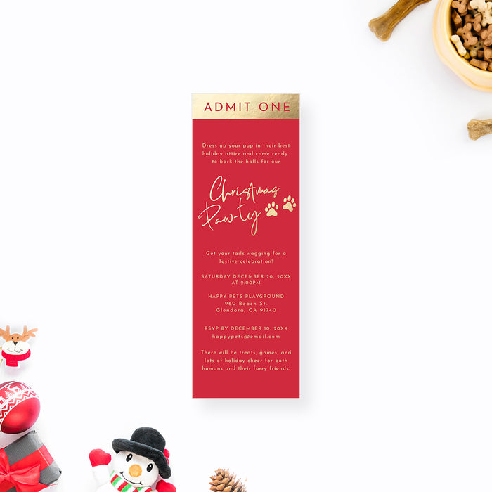 Christmas Pawty Ticket Invitation in Red and Gold, Family Xmas Ticket Invites with Furry Friends, Pet Christmas Celebration