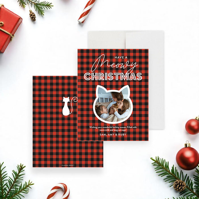 Meowy Christmas greeting card featuring a red and black plaid design, a cat photo cutout, and a holiday message for pet lovers and keepsakes.-front-back