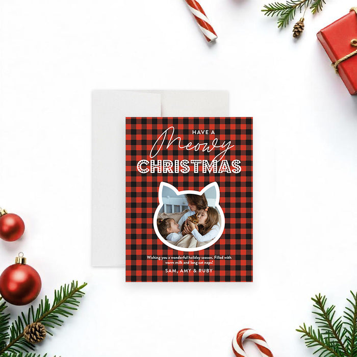 Meowy Christmas Cat Party Invitation Plaid Holiday Card