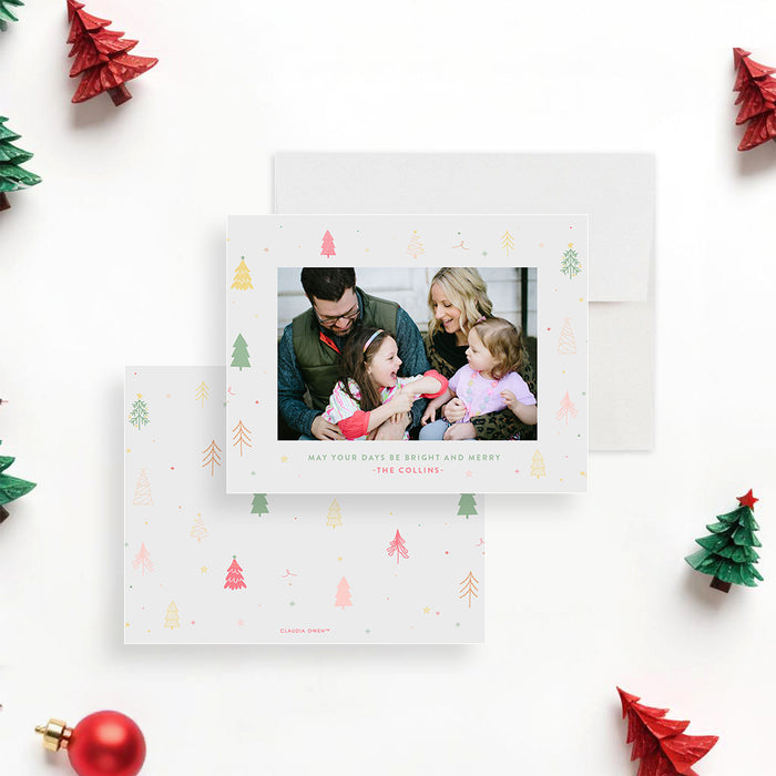 Personalized Christmas greeting card featuring a family photo, holiday tree design, and custom message, ideal for the holiday season.-front-back