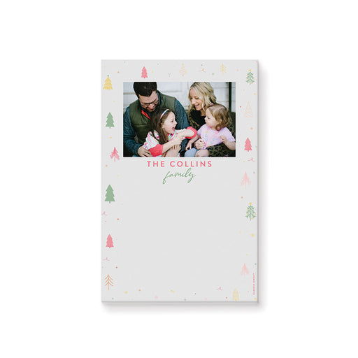 Personalized Christmas notepad with pastel holiday tree border, custom family photo, and name. Festive stationery this Christmas season.