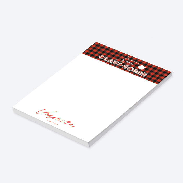 Personalized plaid notepad featuring a “Stay Claw-Some!” header, cat icon, and customizable name, perfect holiday gift for cat lovers.-side