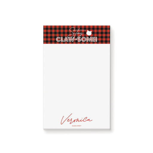 Personalized plaid notepad featuring a “Stay Claw-Some!” header, cat icon, and customizable name, perfect holiday gift for cat lovers.