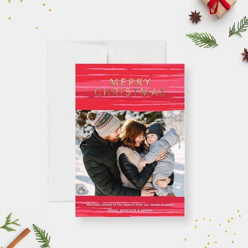 Christmas photo card with red background and gold lettering holiday template