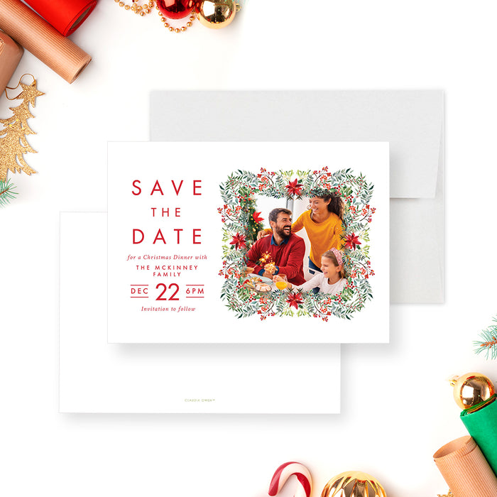 Family Christmas Gathering Save the Date Card with Picture, Save the Date with Colorful Christmas Foliage and Family Photo