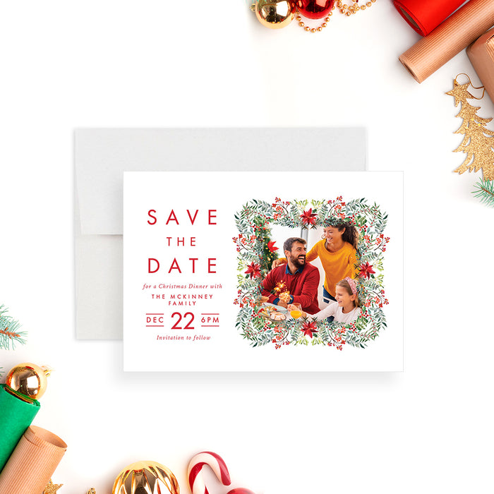 Family Christmas Gathering Save the Date Card with Picture, Save the Date with Colorful Christmas Foliage and Family Photo