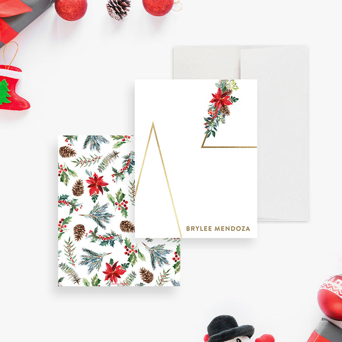 holiday thank you card with gold line-art Christmas tree, poinsettia flowers and custom name-front-back