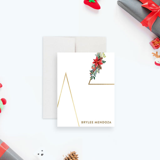 holiday thank you card with gold line-art Christmas tree, poinsettia flowers and custom name-front