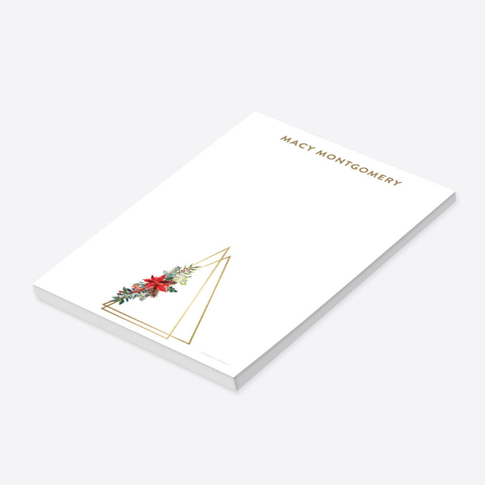 personalized holiday notepad with gold line-art Christmas tree, poinsettia flowers, and custom name-side