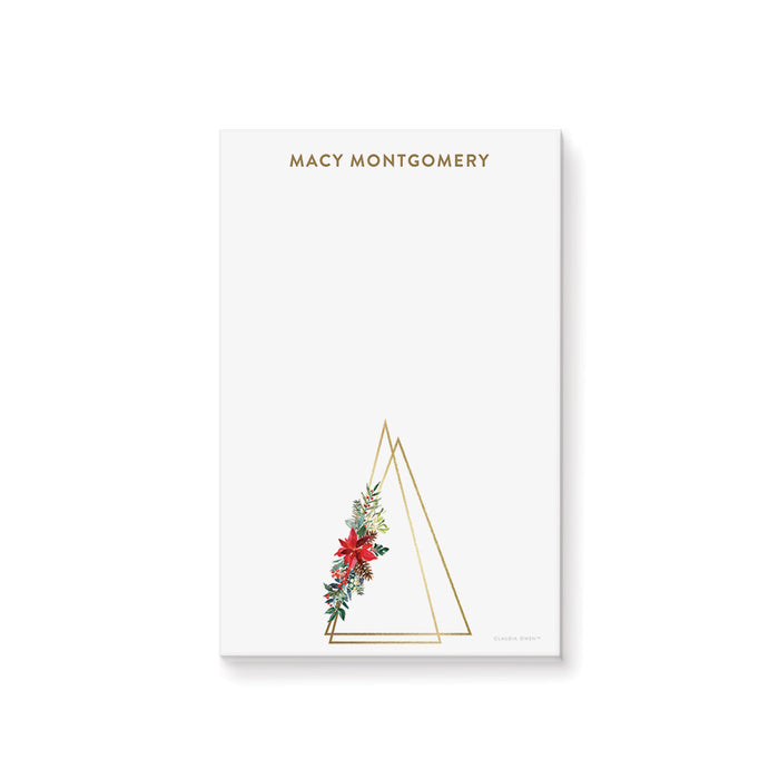 personalized holiday notepad with gold line-art Christmas tree, poinsettia flowers, and custom name