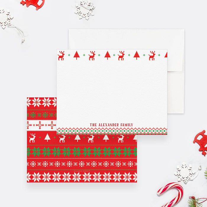 Personalized Christmas note card front and back, with a family name and a red and green ugly sweater pattern of reindeer, trees and snowflakes.