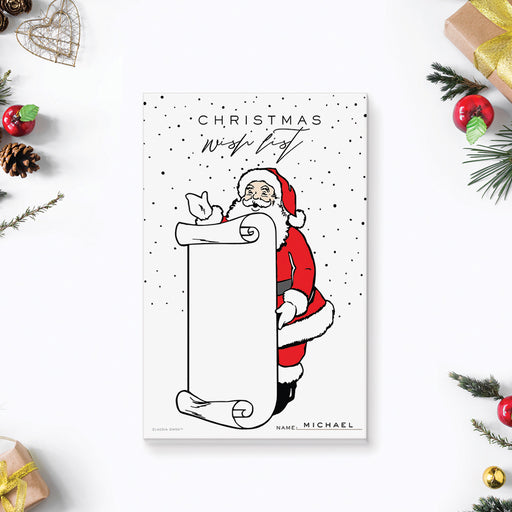 Christmas wish list notepad for kids featuring Santa with a scroll. Personalized holiday stationery perfect for Santa letters and wish lists.