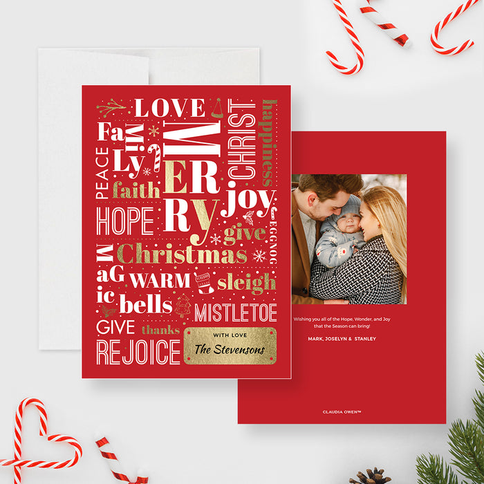 Front and back of the Christmas word art card template, showing a red festive front and a family photo on the back.