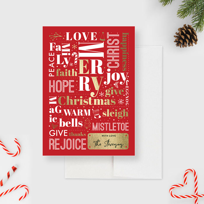 Christmas card template with gold and white festive word art on a red background.