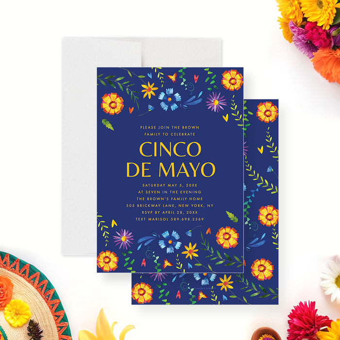 Cinco de Mayo invitation with colorful floral folk art border, navy blue background, and customizable fiesta details for a Mexican-themed celebration-front-back