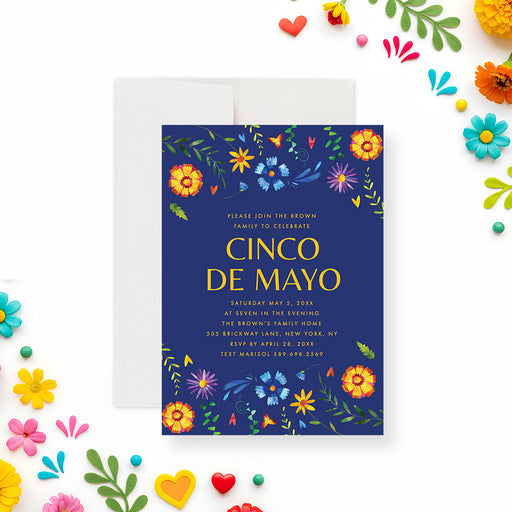 Cinco de Mayo invitation with colorful floral folk art border, navy blue background, and customizable fiesta details for a Mexican-themed celebration-front