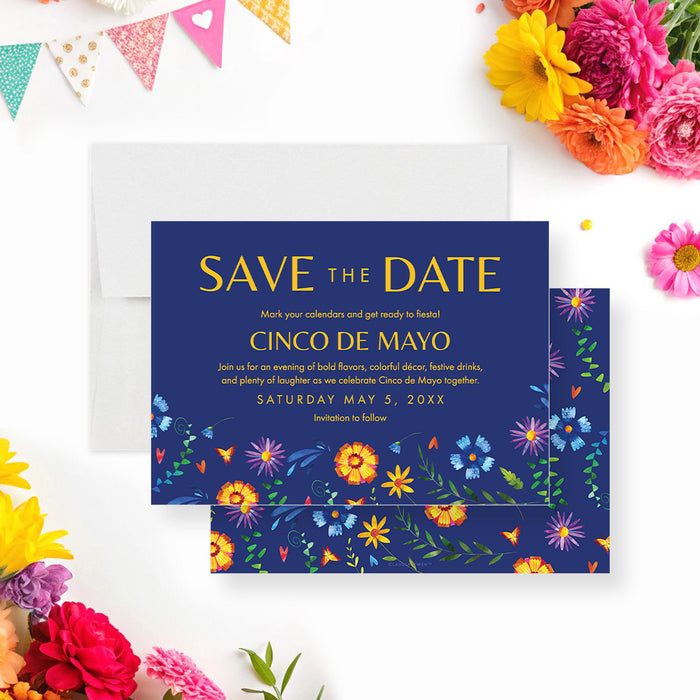 Cinco de Mayo party save the date card with colorful floral artwork, blue background, yellow lettering, and personalized event details-front-back