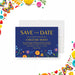 Cinco de Mayo party save the date card with colorful floral artwork, blue background, yellow lettering, and personalized event details-front