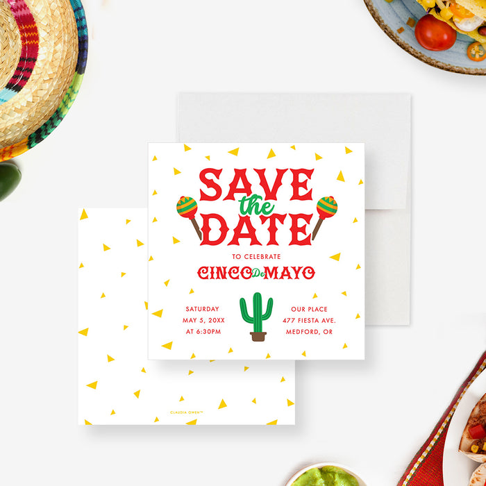 Fun Cinco De Mayo Save the Date Card with Cactus and Maracas, Mexican Fiesta Save the Dates Invitations with Confetti Corn Chips