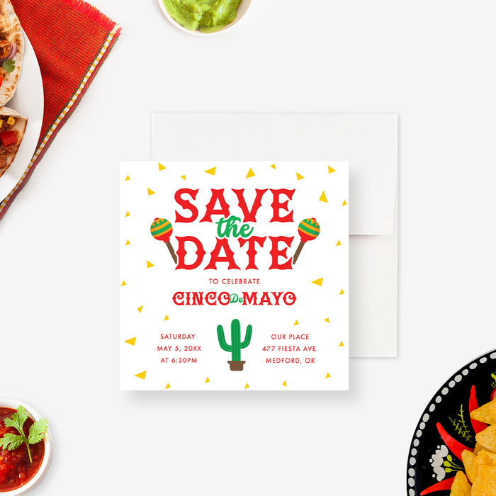 Fun Cinco De Mayo Save the Date Card with Cactus and Maracas, Mexican Fiesta Save the Dates Invitations with Confetti Corn Chips