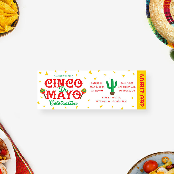 Fun Cinco De Mayo Ticket Invitation with Cactus and Maracas, Mexican Themed Party Ticket Invites with Confetti Corn Chips