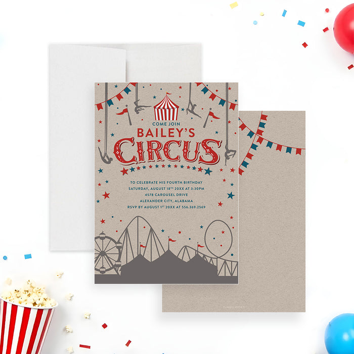 Vintage circus birthday invitation featuring a carnival-themed illustration and playful typography-front-back