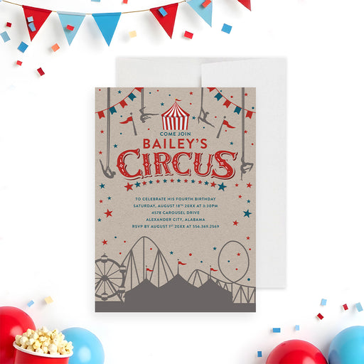 Vintage circus birthday invitation featuring a carnival-themed illustration and playful typography-front