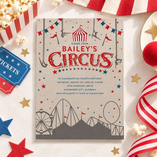 Vintage circus birthday invitation featuring a carnival-themed illustration and playful typography-front