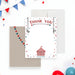 Circus thank you card for kids featuring a vintage carnival design, acrobats, stars, and a striped circus tent-front-back