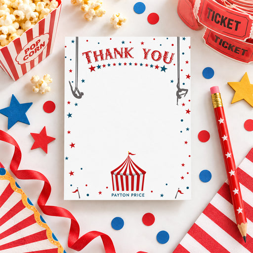 Circus thank you card for kids featuring a vintage carnival design, acrobats, stars, and a striped circus tent-front