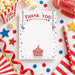 Circus thank you card for kids featuring a vintage carnival design, acrobats, stars, and a striped circus tent-front