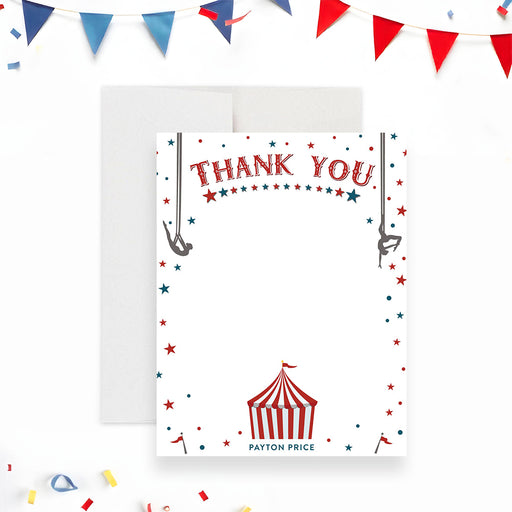 Circus thank you card for kids featuring a vintage carnival design, acrobats, stars, and a striped circus tent-front