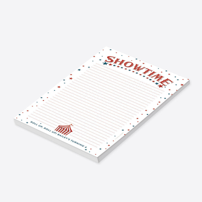Circus-themed personalized notepad featuring “Showtime” typography, colorful stars, and a carnival tent illustration-side
