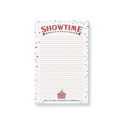 Circus-themed personalized notepad featuring “Showtime” typography, colorful stars, and a carnival tent illustration.