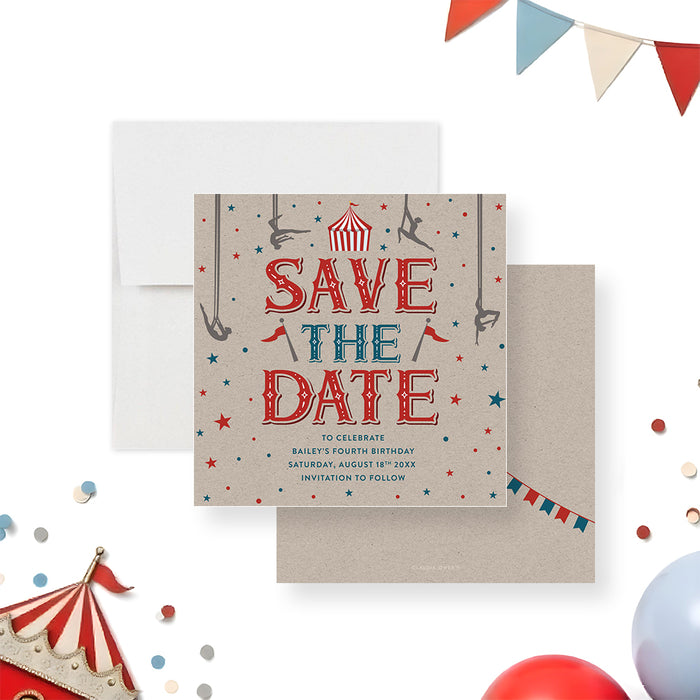 Circus-themed birthday save the date card with vintage carnival typography, trapeze artists, stars, and big-top tent illustrations-front-back