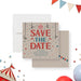 Circus-themed birthday save the date card with vintage carnival typography, trapeze artists, stars, and big-top tent illustrations-front-back