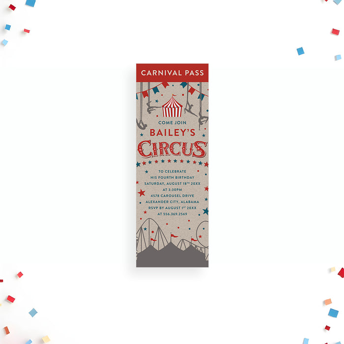 Personalized circus ticket invitation featuring a vintage carnival design and playful typography