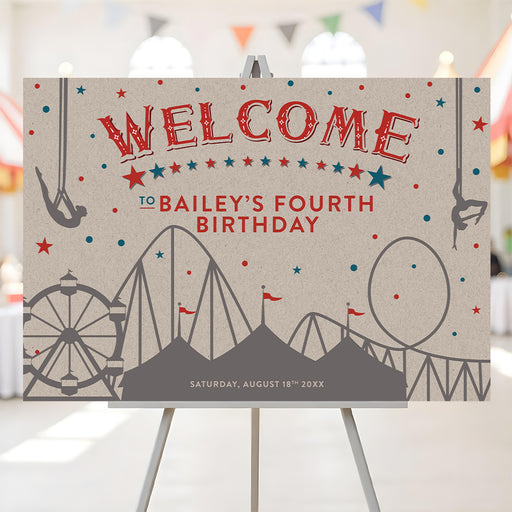 Vintage circus-themed birthday welcome sign featuring trapeze artists, stars, tents, and carnival rides