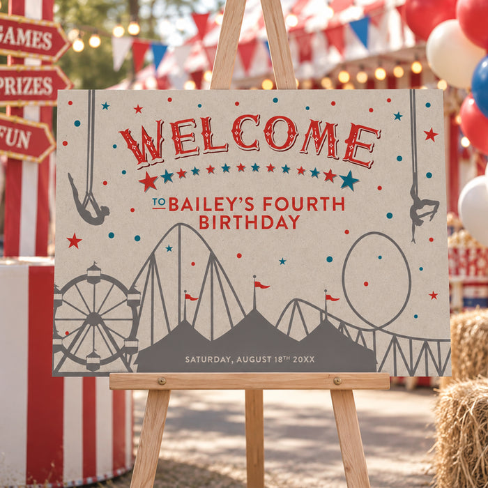 Vintage circus-themed birthday welcome sign featuring trapeze artists, stars, tents, and carnival rides
