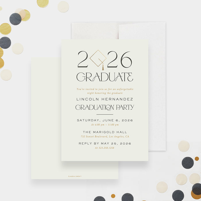 Class of 2026 graduation invitation with modern minimalist design and clean lettering for a graduation party celebration-front-back