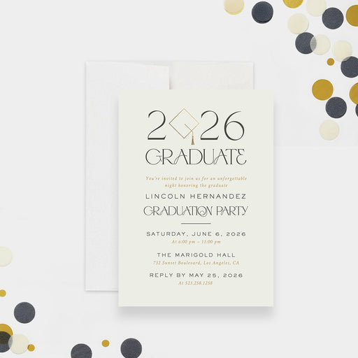 Class of 2026 graduation invitation with modern minimalist design and clean lettering for a graduation party celebration-front