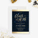 Personalized Class of 2026 graduation invitation featuring a navy starry night sky with elegant gold typography-front