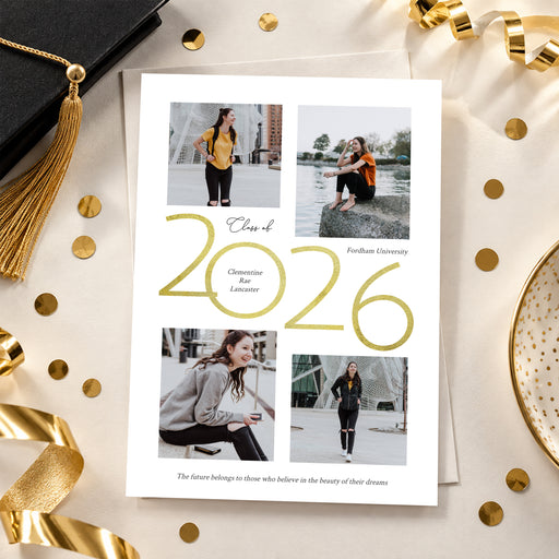 Class of 2026 graduation photo announcement temaplte with four graduate photos, large gold year lettering, personalized name, and university details.