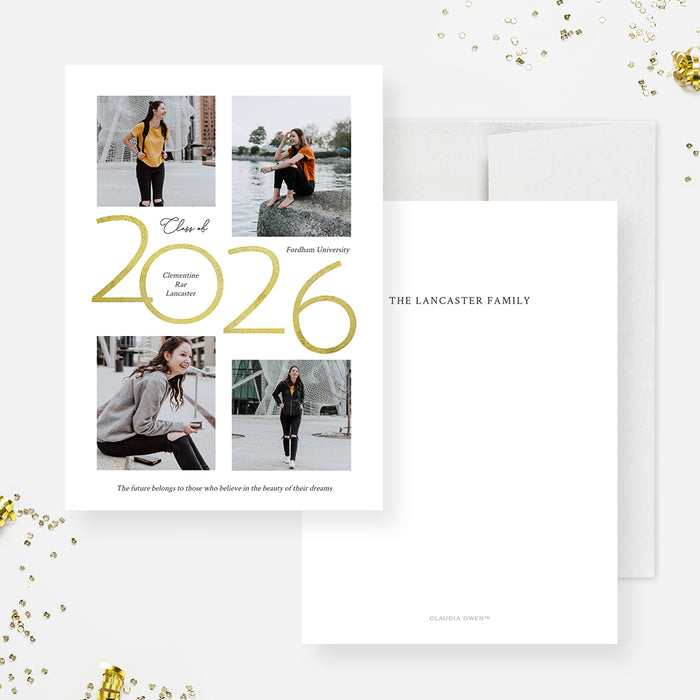 Class of 2026 graduation photo card digital announcement featuring gold year design and senior portraits