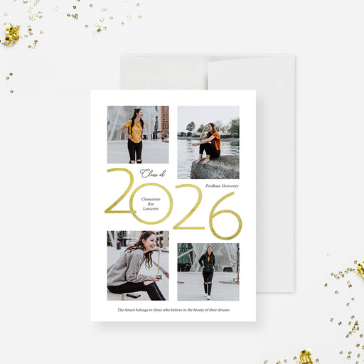 Class of 2026 graduation photo card digital announcement featuring gold year design and senior portraits