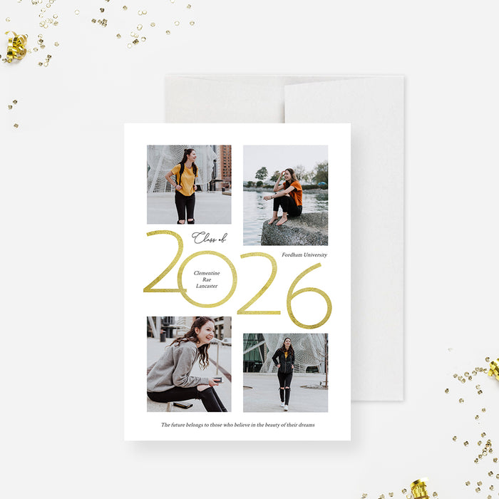 Class of 2026 graduation photo card digital announcement featuring gold year design and senior portraits