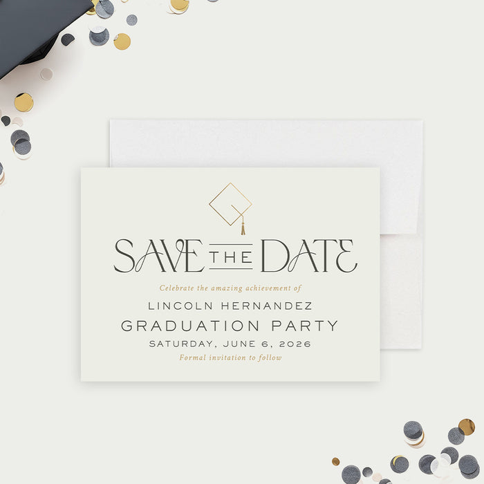 Class of 2026 graduation save the date card with modern minimalist design and clean lettering for a graduation party-front